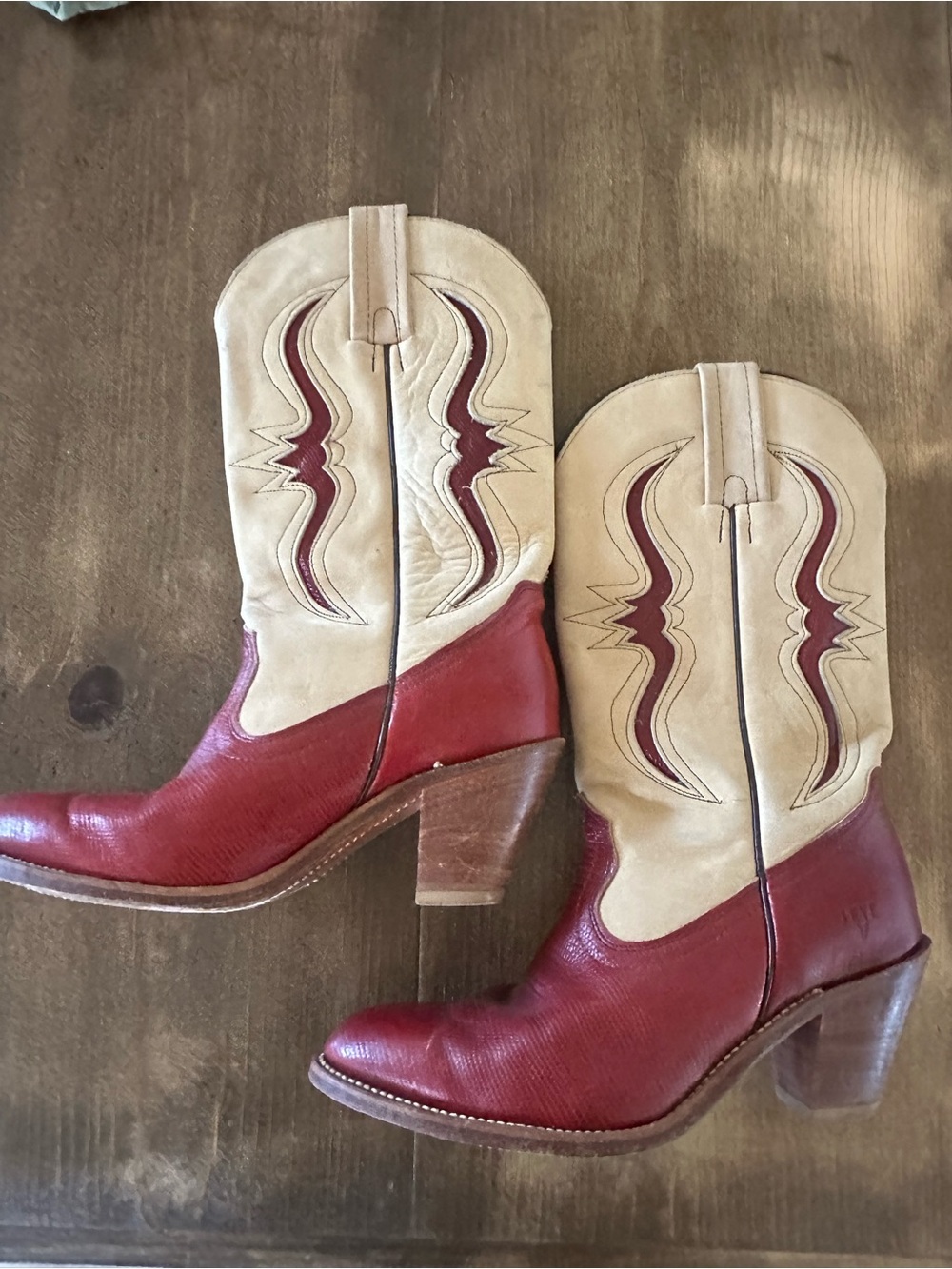 Frye Two-Tone Cream and Burgundy Leather Western Boots - Picture 3 of 6